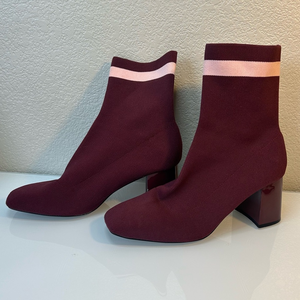 ZARA Striped High Heel Sock-Style Ankle Boots Size 40 US 9 Burgundy
